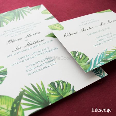 Photo of Modern wedding invitation with leaf design