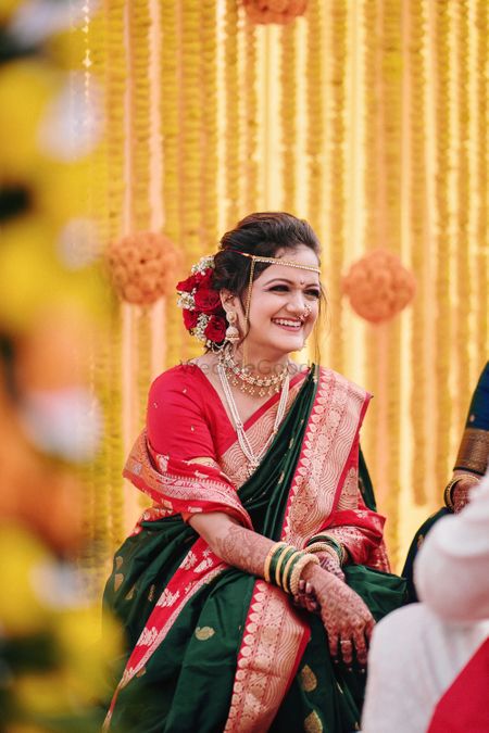 Photo of A happy Maharashtrian bridal portrait.