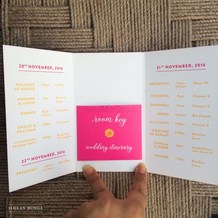 Unique wedding card with room key and itinerary