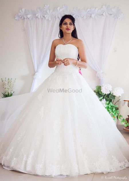 White flared strapless christian wedding gown