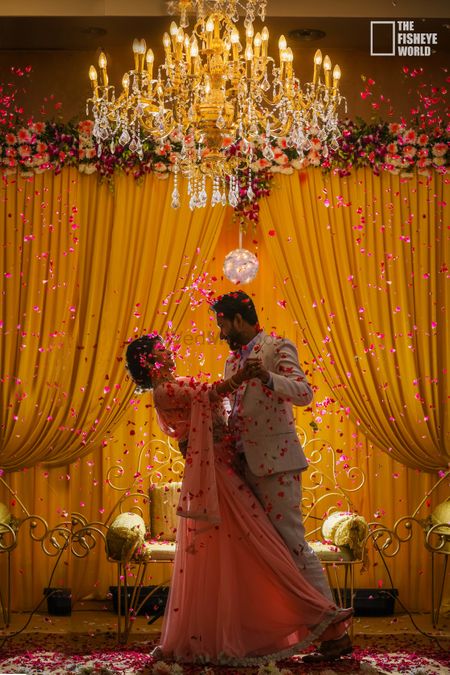 Wedding Photoshoot & Poses Photo couple under chandelier