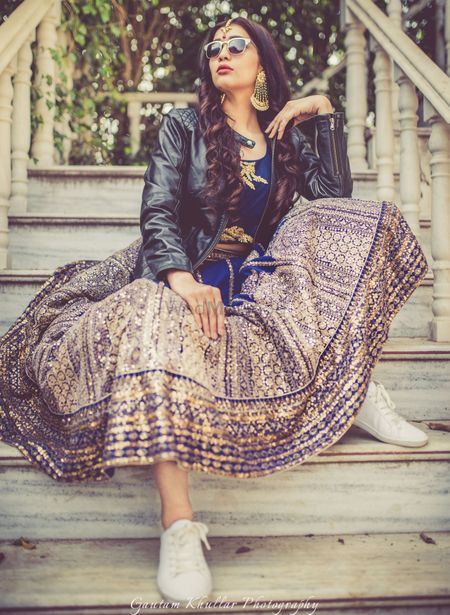 Photo of Pre wedding outfit lehenga with leather jacket