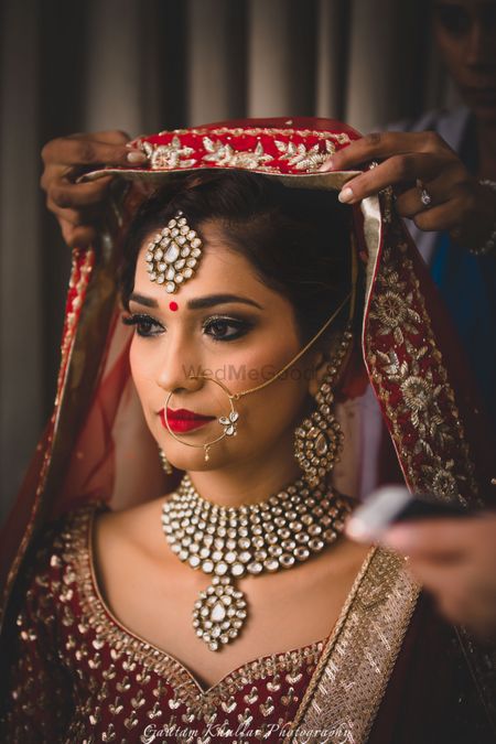 Photo of Bridal jewellery set with necklace maangtikka and nath