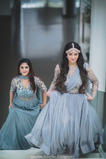 Light grey engagement lehengas with attached dupatta