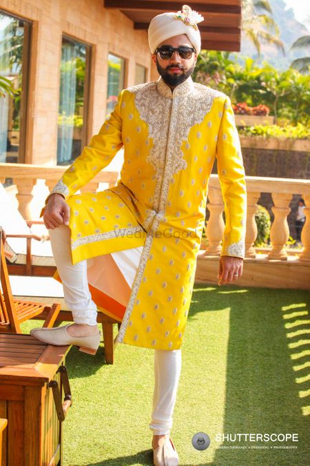 Yellow embroidered sherwani for summer wedding