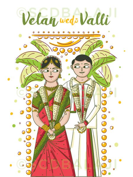 South Indian caricature wedding card with bride and groom cartoons