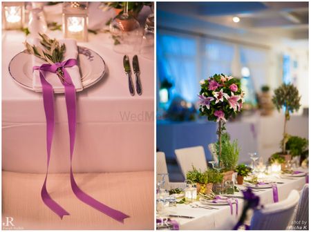 Photo of purple ribbonm table setting