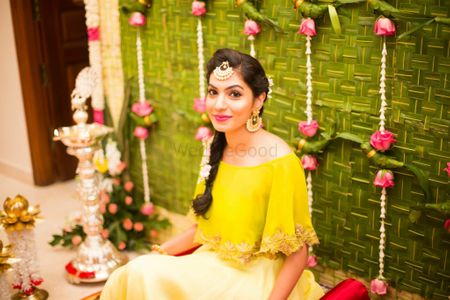 Mehendi outfit ideas with yellow off shoulder crop top