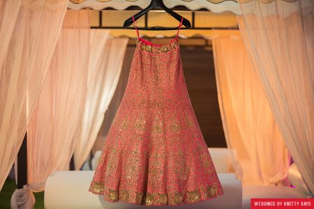 Coral lehenga with gold sequin work on hanger 