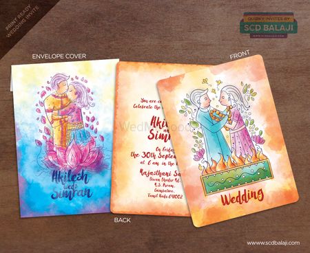 Caricature wedding card with watercolour effect