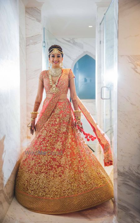 Coral sequin work bridal lehenga 