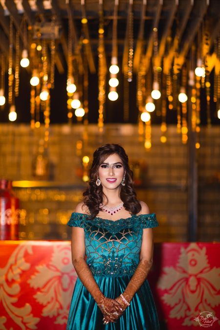 Stunning strapless teal gown for cocktail event