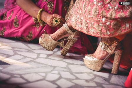 Gold glittery bridal heels with block heels
