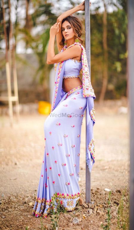 Indigo Crepe & Tulle Embroidered Pre-Stitched Saree Set Design by Papa Don't  Preach by Shubhika at Pernia's Pop Up Shop 2024