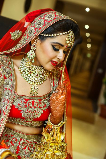 Image of Indian Bridal Make-up, Young Indian Lady in ethnic Bridal wear  with Bridal Jewelry-WR458573-Picxy