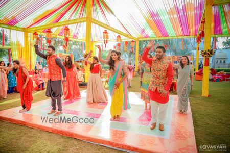 Mehendi decor idea with printed dance floor 