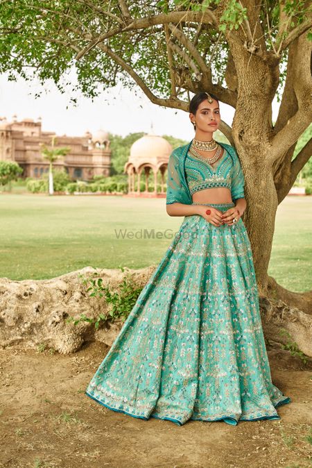 Buy Women Mustard Lehenga Set With Multicolour Mirror Embroidered Blouse  And Short Jacket - Feed Luxe Fusion Set - Indya