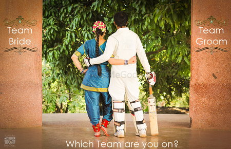 Photo of save the date funny save the date photo with cricket bat and bride in bharatnatyam