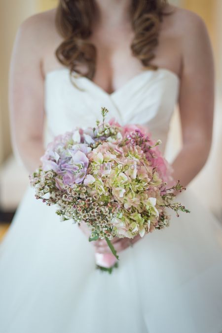 Photo of Pretty bridal bouquet with pastel flowers