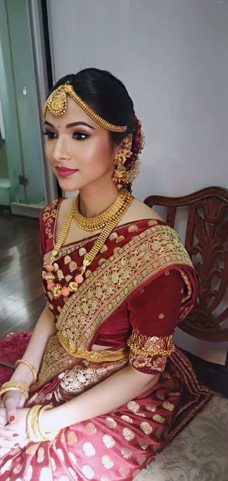 Photo Of South Indian Bridal Look In Dull Pink Kanjiavaram 