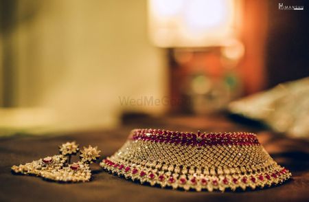 Bridal choker necklace and earrings with red stones