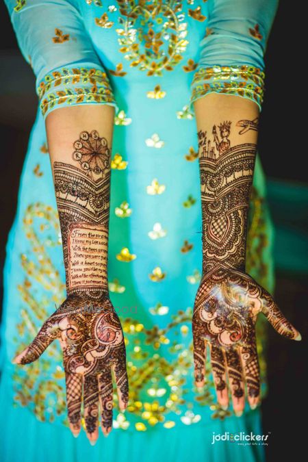 Unique bridal mehendi with ode to groom written