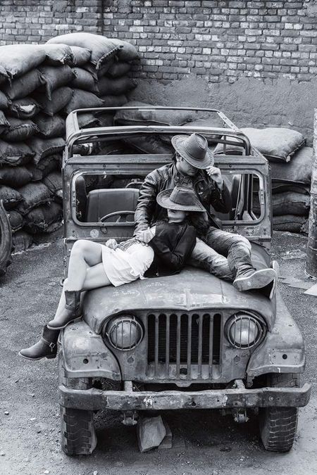 Photo of Black and White Pre Wedding Shoot on Old Jeep