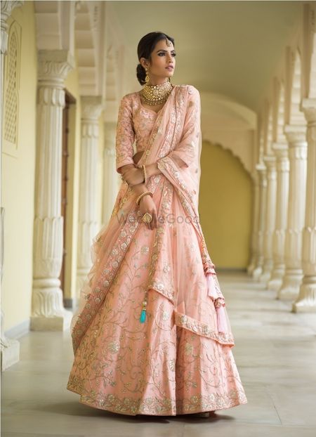 Light pink and blue floral embroidery lehenga