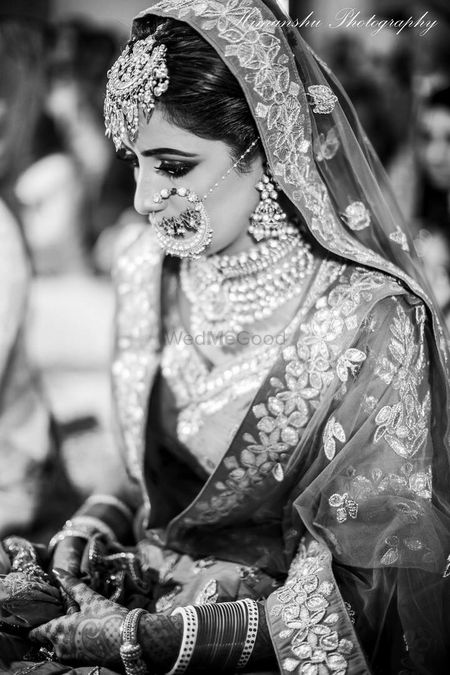 Timeless black and white bridal portrait Sikh bride