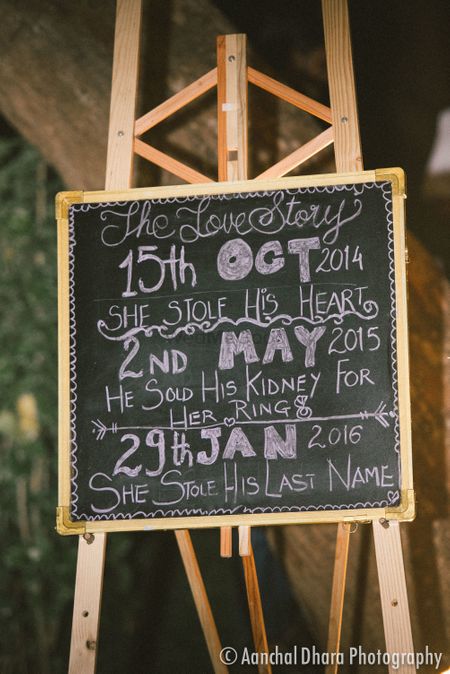 Personalised decor with love story on chalkboard