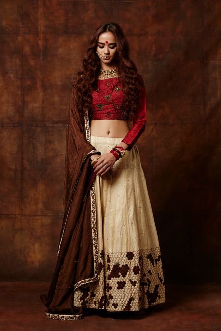 Chocolate Red and Cream Net Designer Lehenga With Heavy Embroidered Wo –  MySilkLove