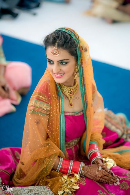 Multicolour bridal Anarkali with dupatta and contrasting border