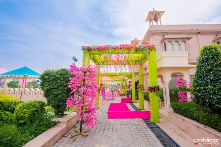 Lime green and pink mehendi entrance decor ideas