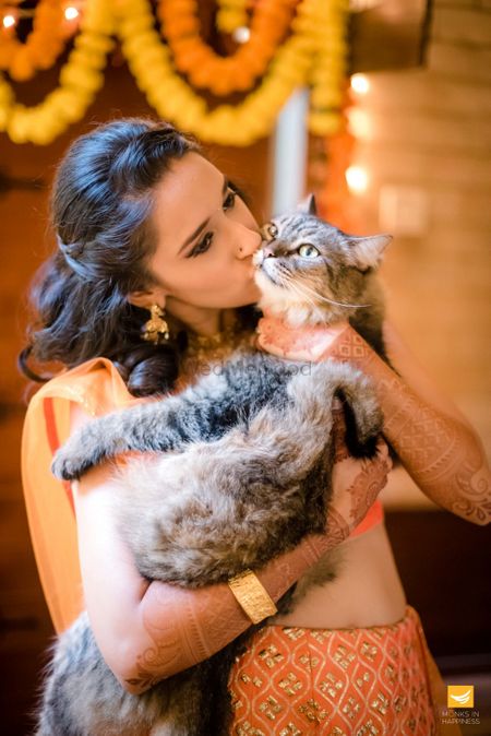Photo of Bride kissing pet cat