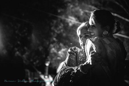 Black and white portrait of bride and mom