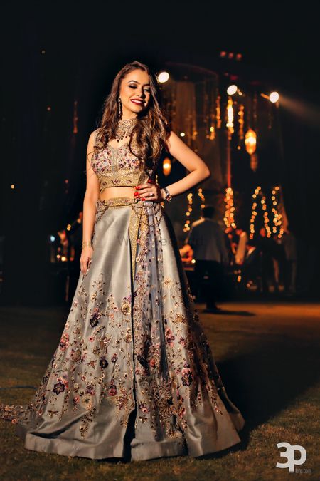 Grey and silver sangeet lehenga with floral motifs 