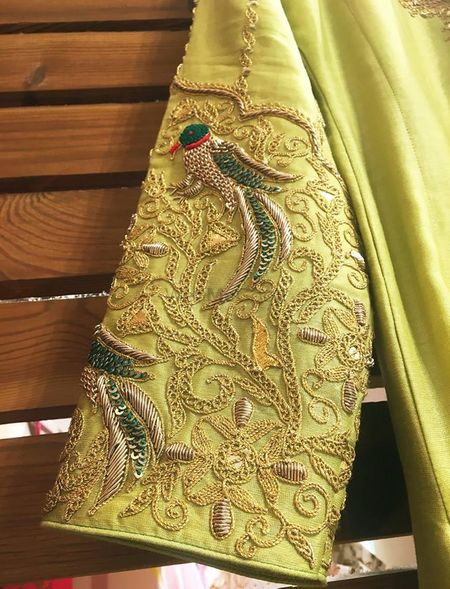 Unique parrot work embroidery on a blouse or anarkali sleeve