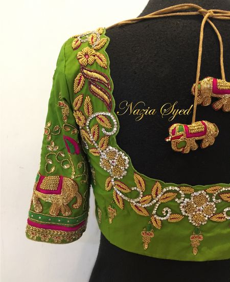 Unique blouse design with elephant motifs and latkans