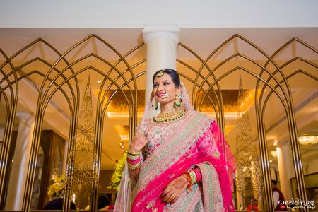 Bridal portrait idea in bright pink outfit 
