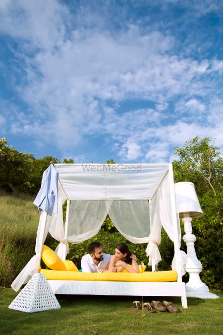 Photo of Cute glamping pre wedding shoot set up