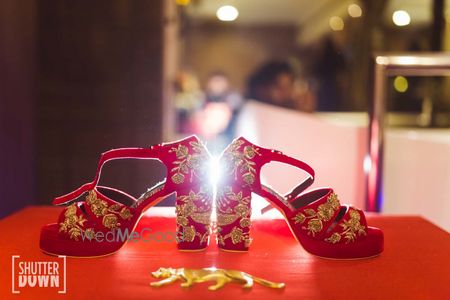 Zardozi work red and gold bridal shoes 