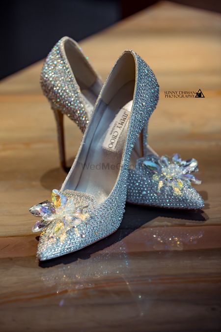 Light blue and silver studded jimmy choo shoes for bride