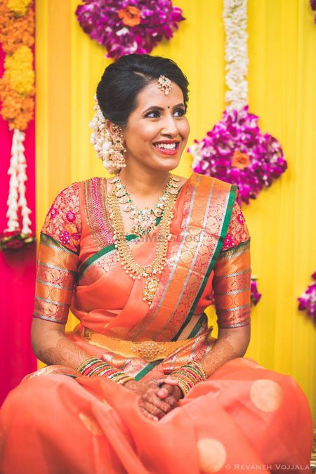 South Indian bride with patchwork blouse 