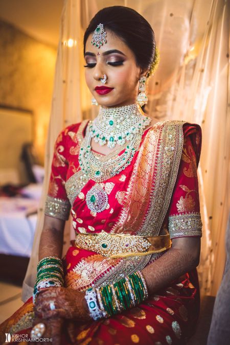 south indian bridal look with layered diamond jewellery and waistbelt 