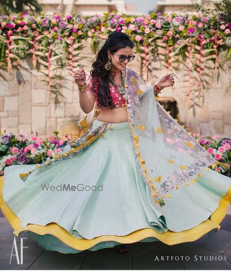 Photo of Light blue mehendi lehenga with floral dupatta