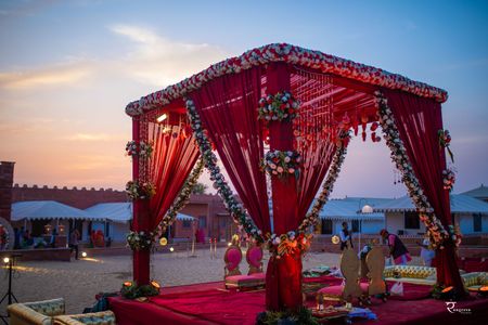 Maroon mandap with floral strings 