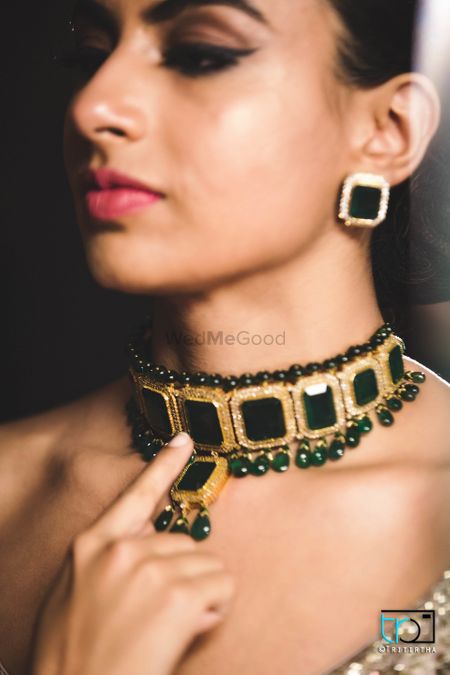 Offbeat bridal necklace with green beads 