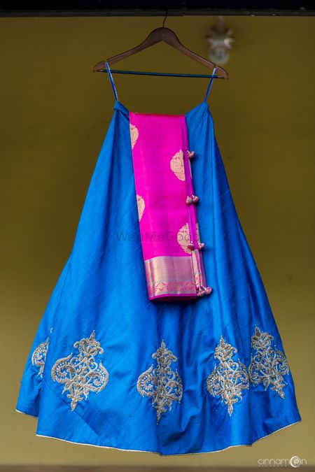 Bright blue lehenga with pink dupatta 