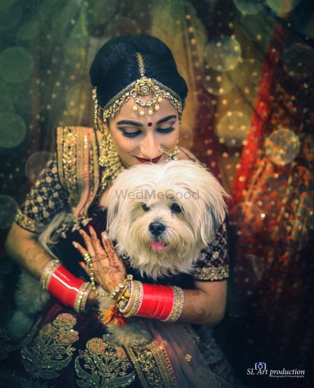 Bride kissing her pet dog 