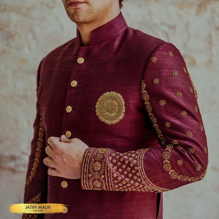 Unique groomwear outfit with embroidered sherwani brooch 